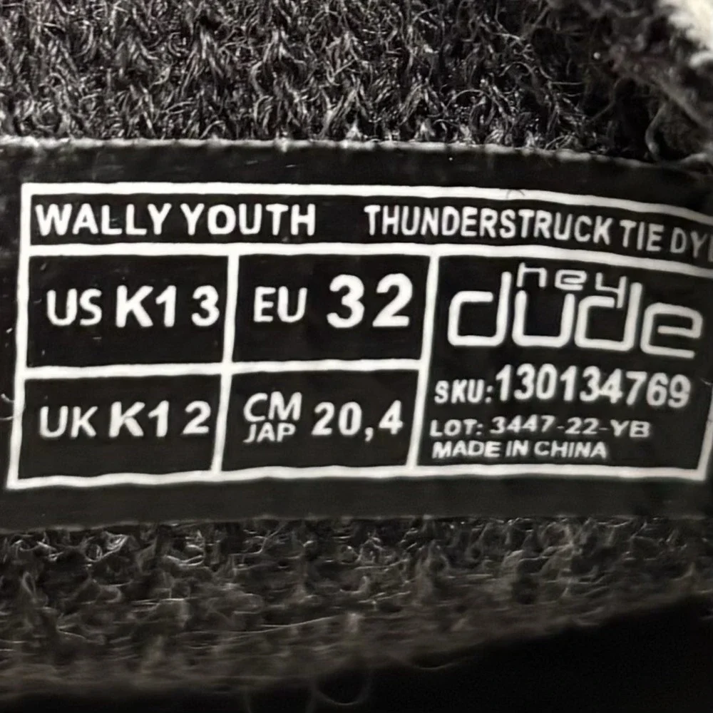 Hey Dude Wally Youth Thunderstruck Tie Dye Black/White Slip On Unisex Shoe Sz 13